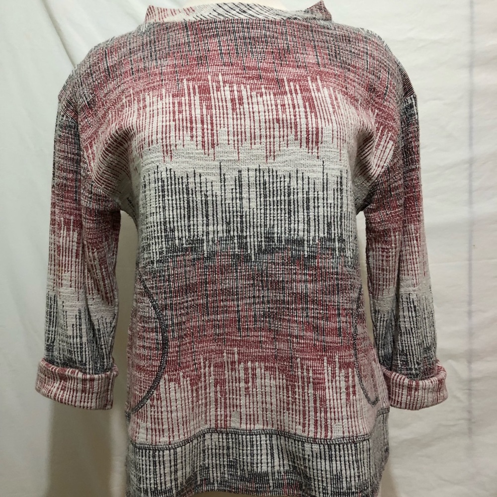 Anthropologie Pink / black / white funnel neck top